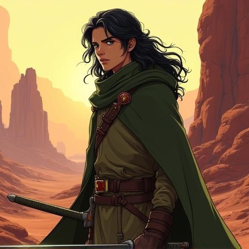 Digital illustration of a young half-elf with long wavy black hair wearing a dark olive cloak over a ranger outfit. The character holds two short swords and an investigator badge. The setting includes large red rock formations in a desert-like environment. Soft warm lighting represents sunrise or sunset with dramatic shadows and cinematic flair.