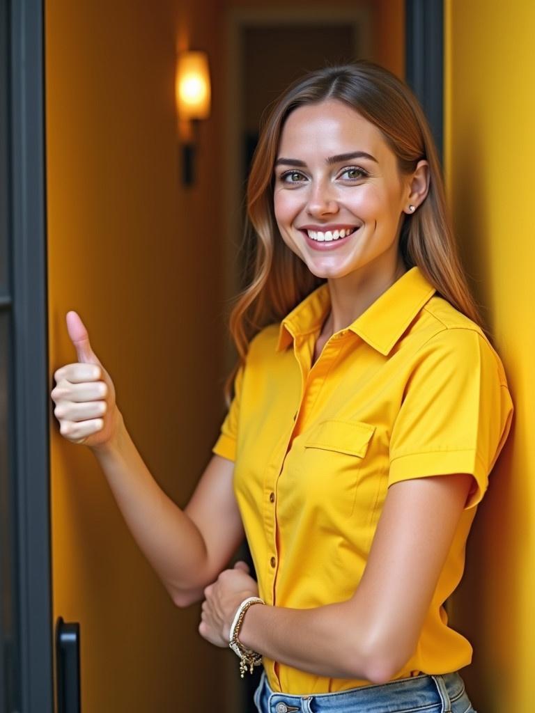 A woman stands in a doorway wearing a yellow shirt giving a thumbs up. She is smiling and promoting customer service. The background is a warm yellow tone.