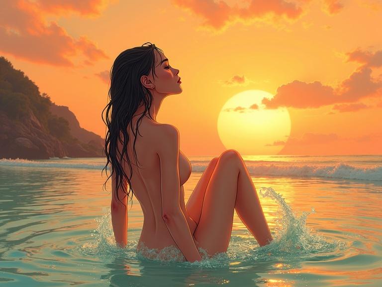Naked cartoon woman sunbathing wet at the shore looking upside. Sunset background.