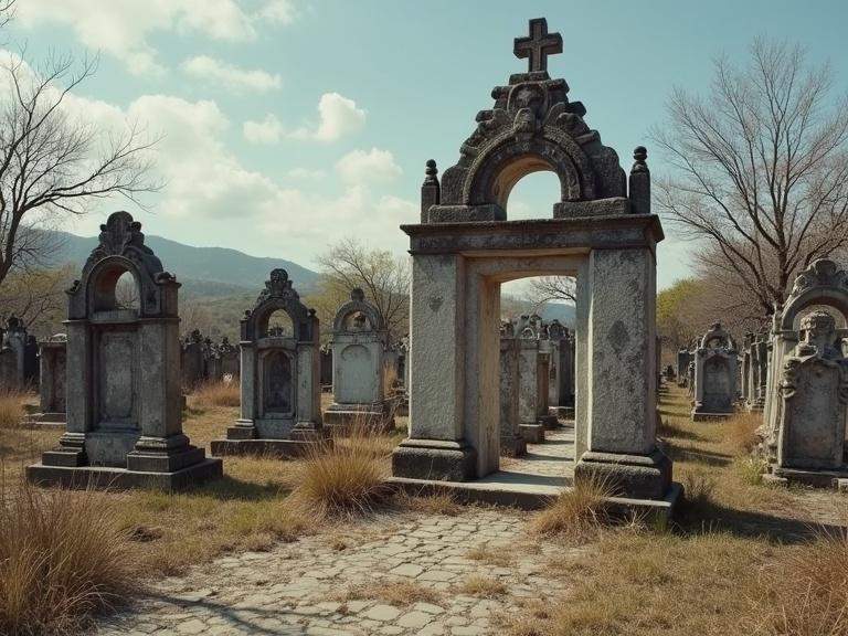 Photo of an old Mexican cemetery from the 1960s. Image depicts gravestones and an arched entrance. Somber and realistic atmosphere. Overgrown grass and trees in the background.