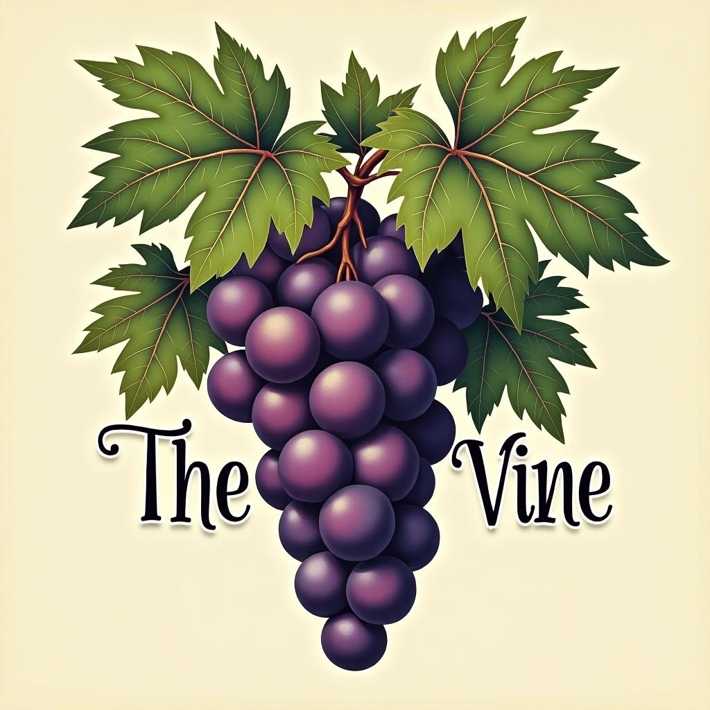 Illustration of grape vine with purple grapes. Text reads The Vine. Large green leaves surround grapes. Light color background enhances design.