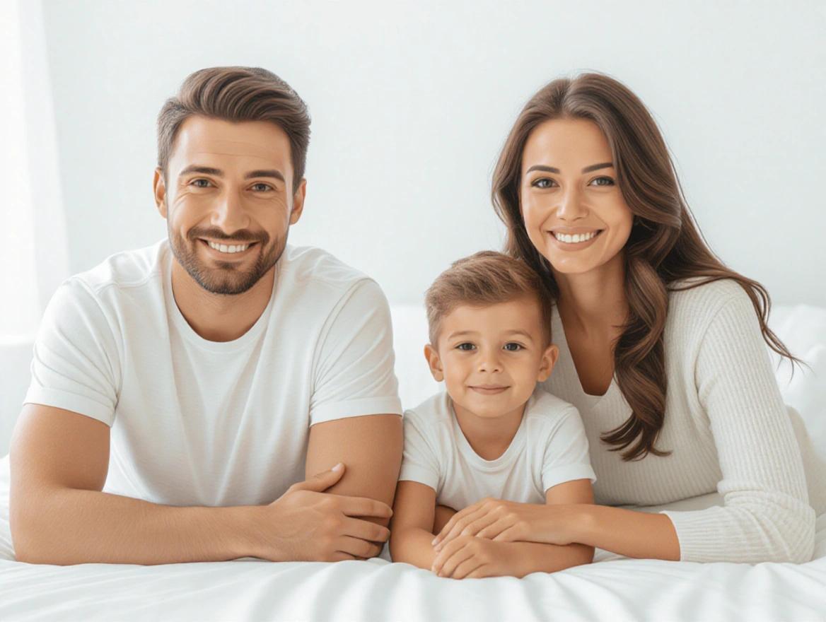 A family of three sitting together. The father and mother are smiling. The young boy is positioned between them. They are wearing matching white t-shirts. The background is light and soft, enhancing the happy atmosphere.