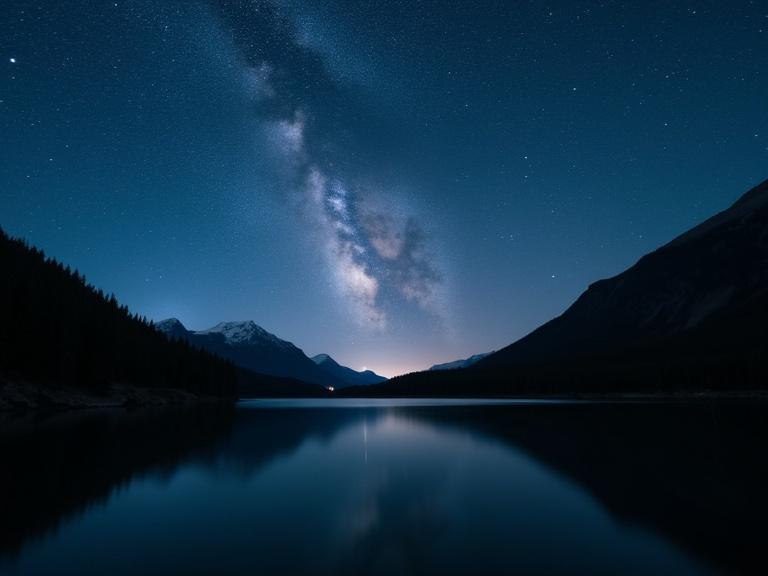 Photograph captures serene night landscape. Starry sky features prominent Milky Way. Clear reflection seen in calm lake. Dark blue and black colors dominate. Mountains frame the scene on both sides. Faint light pollution visible in the distance. Trees line the lake's edge with a smooth water surface. High-quality long exposure shot. No human presence. Displays natural beauty and tranquil atmosphere with deep blues and blacks. Celestial display highlights detailed stars. Clear horizon line in a peaceful setting.