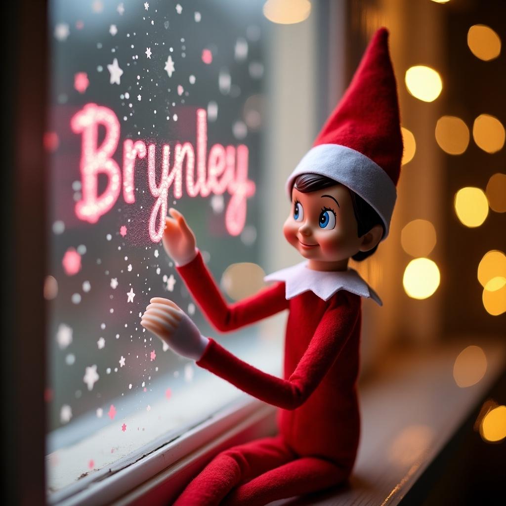 A joyful Elf on the Shelf is interacting with a magical scene during the festive season. The elf, wearing a classic red outfit and pointy hat, is playfully writing the name 'Brynley' in the air with pink sparkly glitter. Soft white snowflakes fall gently around the elf, while warm lights twinkle in the window behind. The atmosphere feels cozy and filled with holiday spirit, inviting viewers into a whimsical Christmas moment. This enchanting setting is perfect for families celebrating the season together.