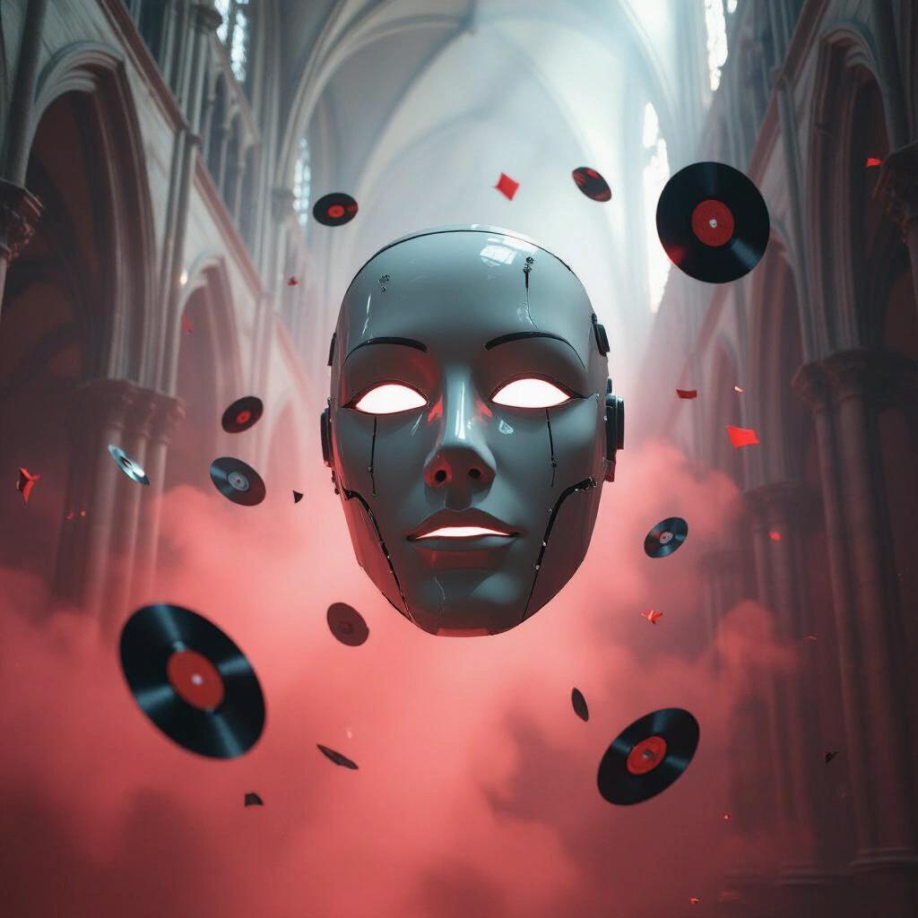 Floating robot mask in cathedral shadows. Surrounded by hovering vinyl shards and red mist. Dramatic atmosphere with smoke and light beams. Elements of music and technology blended in a mystical setting.