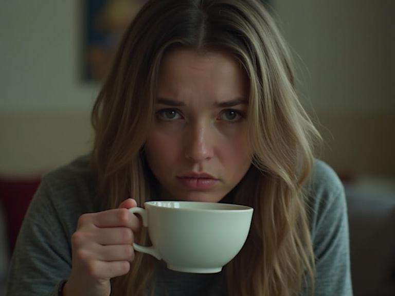A woman drinks tea in a calm living room. She appears to ponder something. A close-up shows her slightly anxious expression.