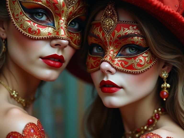 Photorealistic closeup portrait of two women wearing ornate red and gold Venetian masks. They have striking features and vivid red lips. Captures a carnival atmosphere with whimsical details.