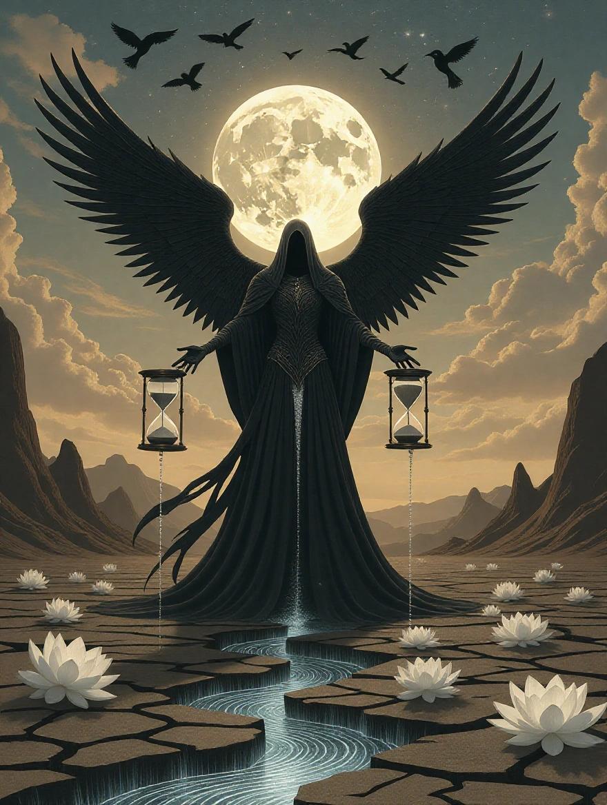 A towering Angel of Death with obsidian and alabaster wings stands in a desolate valley during a solar eclipse. Twilight surrounds cracked earth with rivers of liquid mercury. Ghostly lotus flowers bloom where mercury touches. The Angel holds a fractured hourglass with suspended sands. Skeletal birds form constellations in the sky.