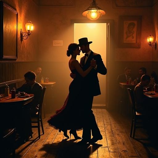 This image depicts a dimly lit bordello in Buenos Aires circa 1900. The interior features cracked plaster walls and worn wooden floorboards. Warm gas lamp glow creates deep shadows. A dancer in a dark suit embraces a partner wearing a modest dress. Their dance is expressive with passion and longing. In the background, musicians with guitar and bandoneon play softly. Bottles and cards are scattered on rough tables. A cinematic atmosphere enhances the scene.