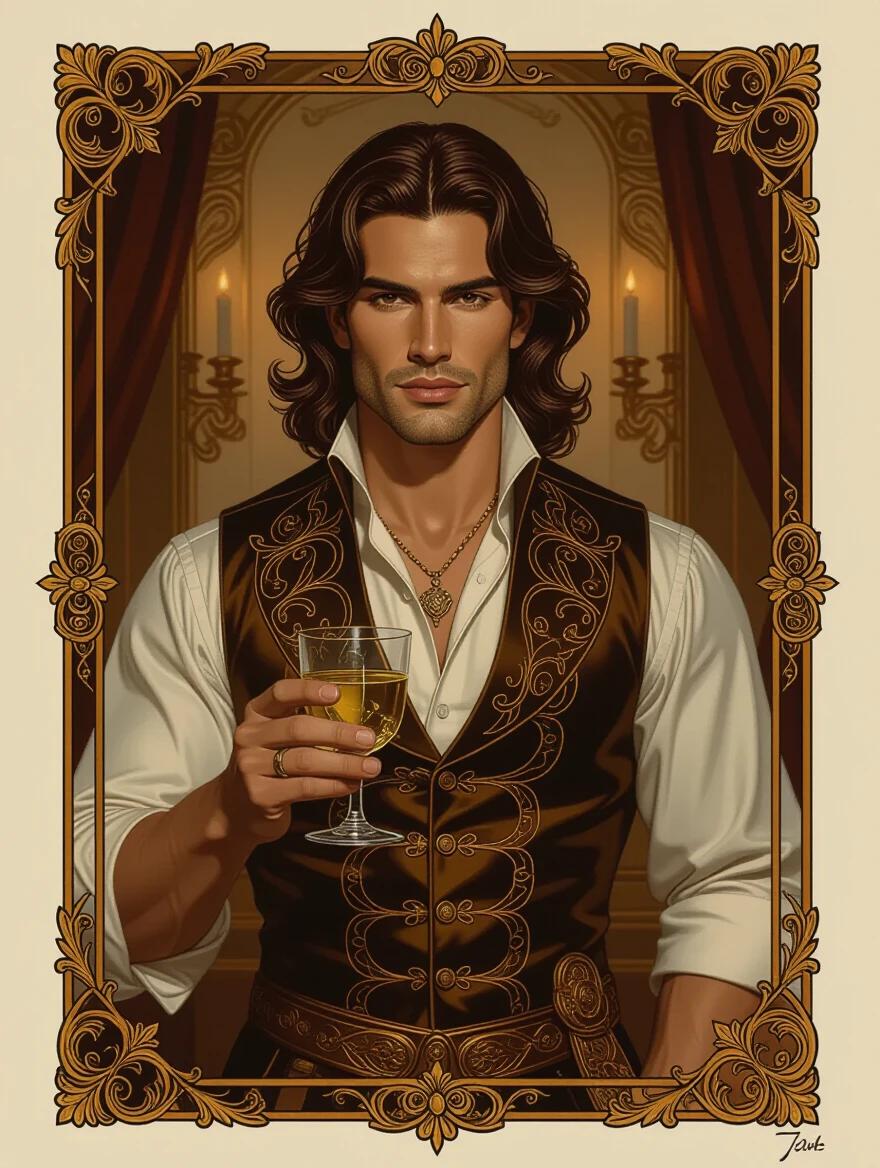 This image features a handsome muscular Spanish man. He has long wavy brown hair tied back. The man has dark tan skin. He is wearing ornate copper colored modern formalwear. He holds a glass of absinthe. The setting is a dim mansion room. The color scheme is ochre. The tone is dark and mysterious. There is an art nouveau border surrounding the portrait.