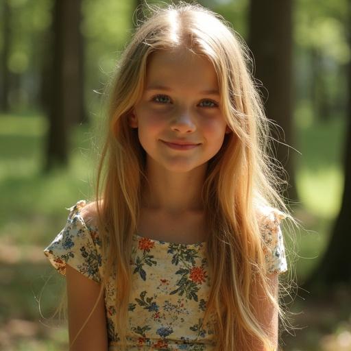 A young teenager boy sitting calmly in a forest. Wearing a floral dress. Long blonde hair shines in the sun. Defined jawline and blue eyes. Black thick eyebrows. Looking at the viewer with a gentle smile.