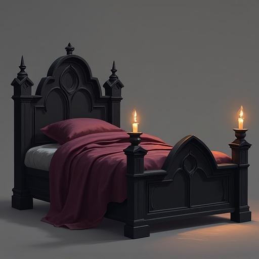 2D profile view of a gothic bed. Eye-catching low arched headboard with minimal carvings. Blackened wooden posts and basic frame. Thin mattress with burgundy blanket and gray sheet. Lit by flickering candlelight casting shadows. Subtle wood grain textures. Style: 2D digital art.