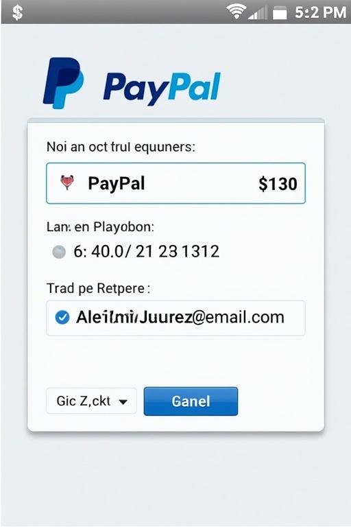 Digital proof of PayPal transaction. Display amount is 130 US dollars. Recipient email is alanalijuarez@gmail.com. Screenshot captured on smartphone.