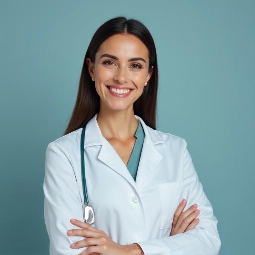 A smiling female dentist wearing a white coat and a stethoscope. Standing against a light blue background. Confident and approachable expression.