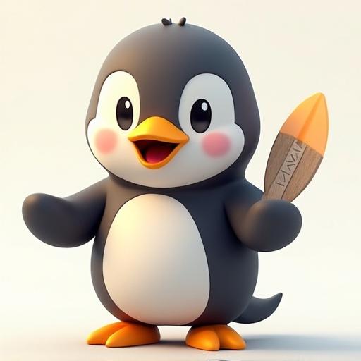 Create a logo featuring a cute penguin character with a 3D effect and a paintbrush in its flipper
