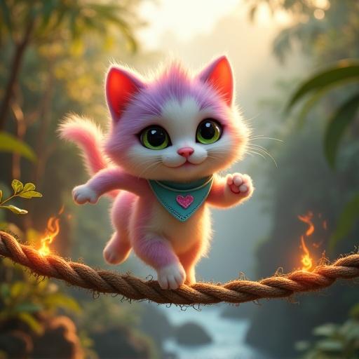 Fluffy anthropomorphic kitten runs across burning rope bridge over deep jungle canyon. Kitten has pastel pink and lavender fur, creamy white belly, large green eyes, oversized head, soft rounded features, tiny paws, perky ears, light blue bandana with stitched pink heart. Flames rise behind kitten. Below, misty river rages.