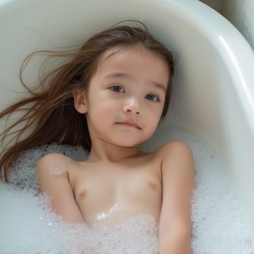 A thin 7-year-old girl lies on her back bathing in a white tub. A peaceful moment captured with bubbles in the water and her long hair flowing to the side. The setting is bright and clean with natural light.