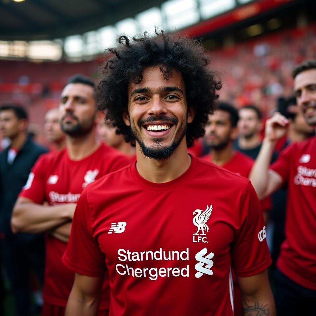 Happy man wears Liverpool FC jersey at Anfield stadium. Curly hair, standing among lively fans. Energetic atmosphere, red background. Excitement and passion for football culture.