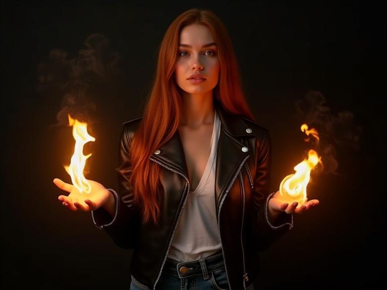 Young woman with long dark red hair in black leather jacket holds flames in both hands. Dramatic dark background enhances fiery glow. Focus on subject's expression and fiery powers.