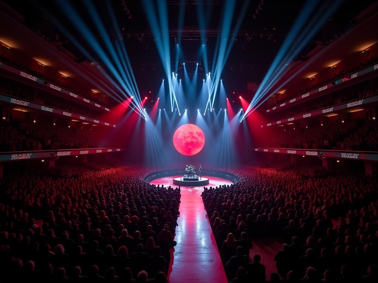 This image captures a stunning concert setup featuring a large, vibrant red moon as the backdrop on stage. The scene is lively with dramatic lighting and a thrumming vibe that resonates with the audience. It appears to be taken from a drone perspective, showcasing both the performance area and the packed audience. The pathway leading to the B stage runway adds depth to the viewing experience. The overall ambiance is electric, highlighting the excitement of a live music event.