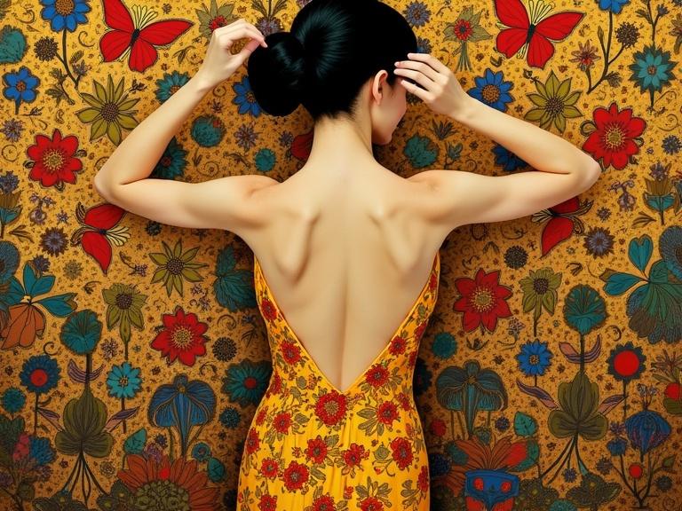 A woman stands with her back towards the viewer. She wears a yellow dress adorned with red flowers. The background features intricate floral patterns in multiple colors. The artwork is inspired by Gustav Klimt's style.