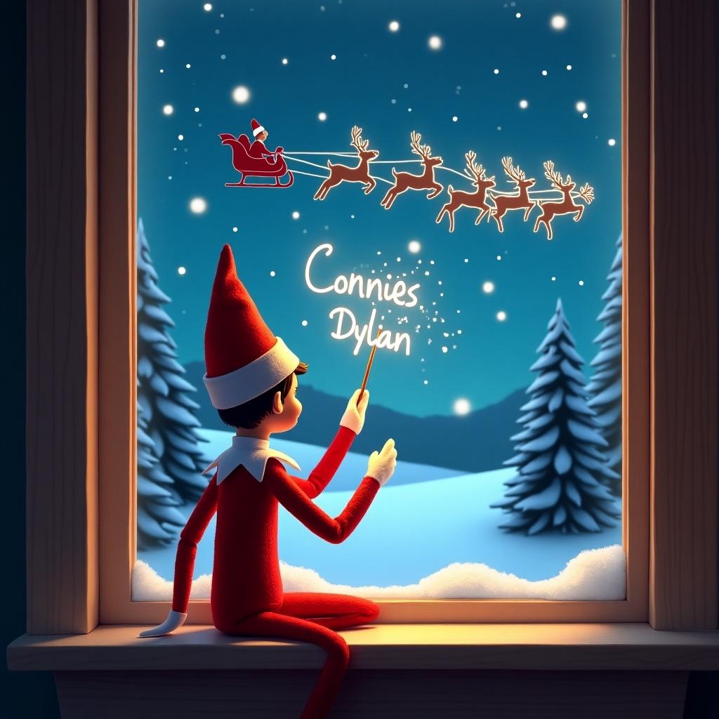 An enchanting scene features an Elf on the Shelf sitting by a window, facing away from the viewer. The elf joyfully uses a wand to create sparkles in the night sky. The names Connie and Dylan are being written in the sky. In the background, Santa's silhouette can be seen in a sleigh, flying with reindeer across a snowy landscape. The warm glow from the window adds a magical touch to the winter night. Pine trees and a starry sky complete the festive atmosphere.