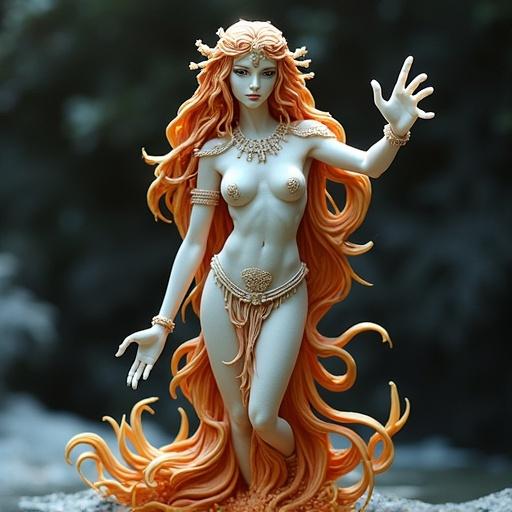 Resin sculpture of a zodiac goddess inspired by Scorpio. The sculpture features flowing hair and intricate detailing. The goddess symbolizes strength and beauty.