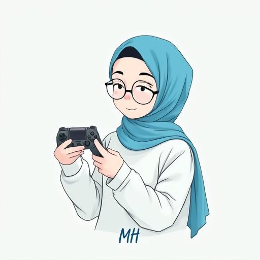 Minimal anime-style illustration of a faceless girl in hijab and glasses holding a game controller and a clicker with a PowerPoint background. Clean lines and soft colors, suitable for educational content.