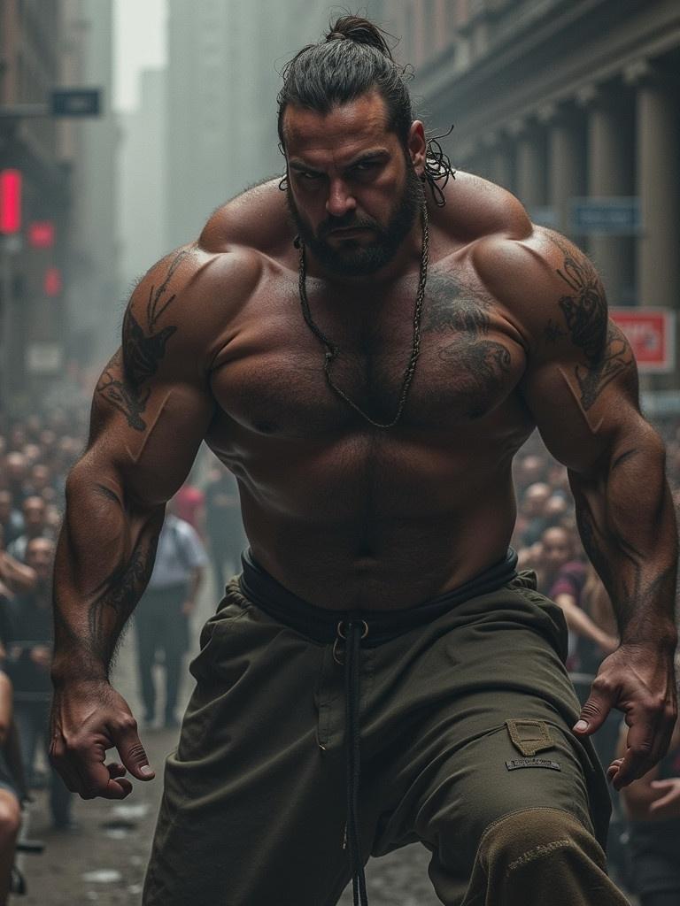 A muscular man stands in a city street surrounded by a crowd. The atmosphere is filled with tension. The figure shows an impressive physique with visible tattoos. He wears loose-fitting cargo pants. The background features tall buildings partly obscured by smoke.