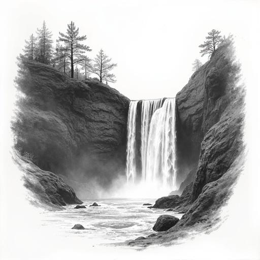 Detailed black and white line drawing of a waterfall on a white background. Not abstract. Highly detailed.