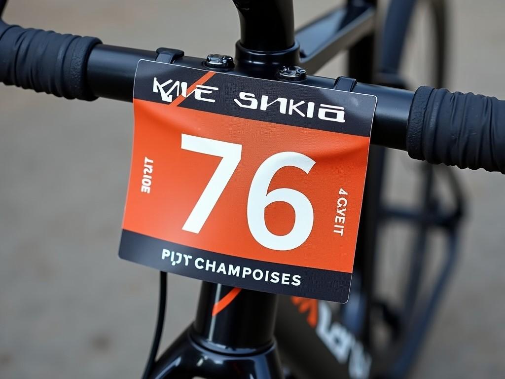 This image features a competitor number displayed on the front of a bicycle. The number is 76, placed against an orange background for visibility. It is designed to be used in a cycling championship, showcasing the focus on sports and competition. The design includes the name of the event, promoting the race. This visual captures the essence of competitive cycling, ideal for promotional use.