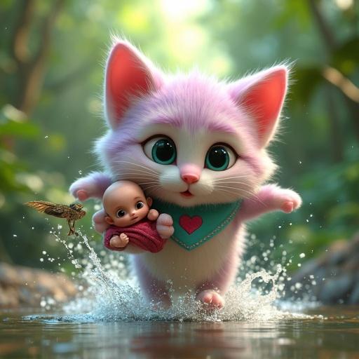 A fluffy anthropomorphic kitten with pastel pink and lavender fur runs through a shallow jungle river. The kitten has a creamy white belly and large green eyes, showing courage while carrying a realistic baby in red cloth. A massive flying serpent with iridescent scales chases them. Water splashes around as they flee.