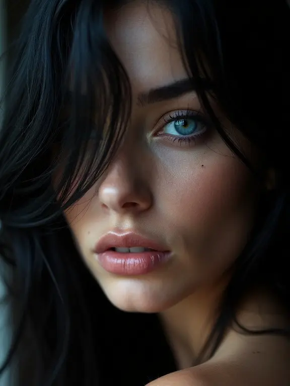 Macro portrait of a striking French woman with black hair and captivating turquoise blue eyes leaning towards the camera. Chiaroscuro lighting highlights features against a dark background. Closed lips and neutral expression.