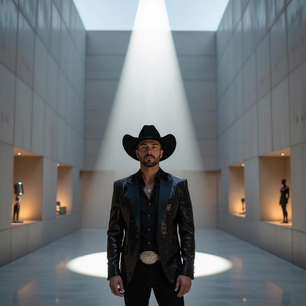A man wears a black sequin jacket and cowboy hat. He stands in a grand hall with polished concrete. A dramatic beam of light shines from the skylight. The walls showcase illuminated niches with a microphone and cash. Two shadows are cast on the wall behind him. The mood is solemn and powerful.
