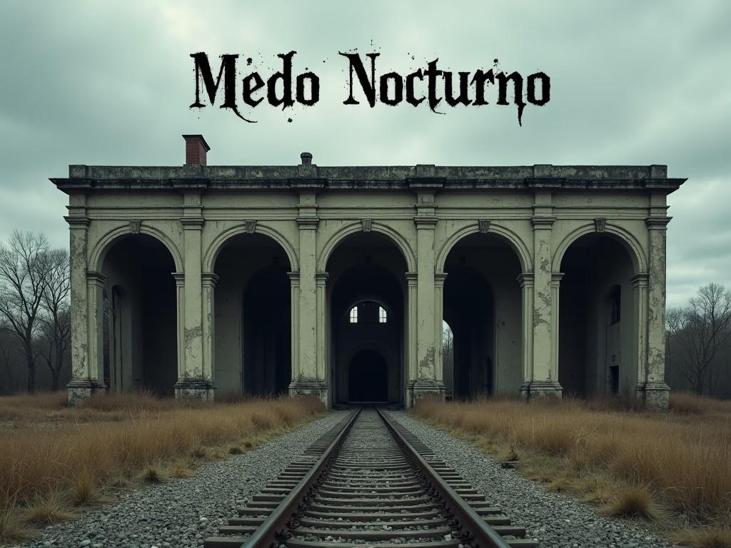 The image features an abandoned building with a series of archway openings. The exterior is dilapidated, showing signs of decay and neglect. The sky above is cloudy, adding to the eerie and somber atmosphere. In the foreground, there are railway tracks leading towards the building, suggesting a sense of history and past usage. Superimposed at the top is the text "Miedo Nocturno," creating a mysterious and possibly unsettling mood.