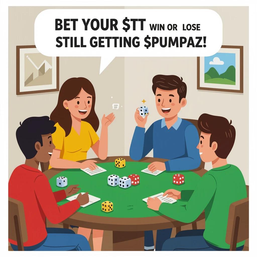 A cartoon scene of a group of four individuals playing a dice game around a green table. The characters are animated and express excitement. One person holds dice while another has a card in hand. A speech bubble displays the phrase 'Bet your $STT win or lose Still getting $Pumpaz!'