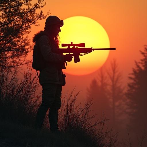 Beautiful female sniper in ghillie suit standing at forest edge. Woman holding sniper rifle. Huge sun rising in background.