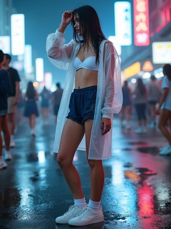 Photograph of a person standing side-on on a dystopian cyberpunk street at night. The street is surrounded by neon lights and puddles. The person is wearing a white bralette, dark blue shorts, a transparent raincoat, and white sneakers. The raincoat is wet showing outlines underneath. The person stands slightly tilted with their right hand at the forehead and left arm extended. Fingernails are painted black. Light skin tone and wet hair pulled back. Clean white sneakers contrast with the wet raincoat. The background features similarly attired people in a simple composition emphasizing the outfit and wet texture.