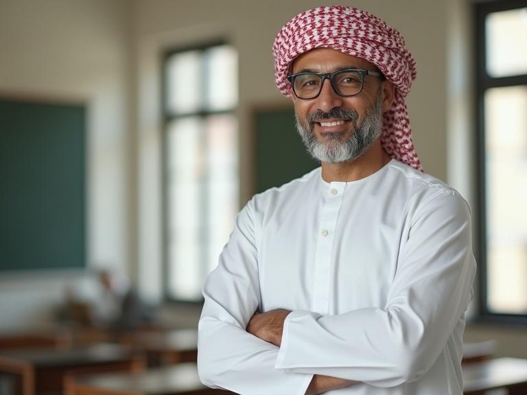 An Omani male teacher stands confidently. He wears a traditional white dishdasha and a patterned turban. The classroom is modern and elegant. Natural light flows through the windows. The teacher has a reassuring presence. Classrooms have desks and a blackboard.