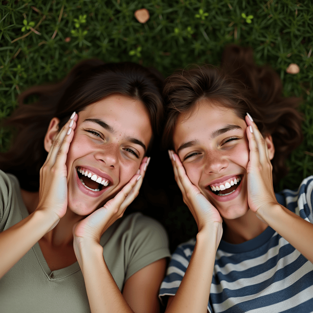 Two smiling individuals lie on grass, subtly tilting their faces with their hands, exuding happiness in a relaxed outdoor setting.