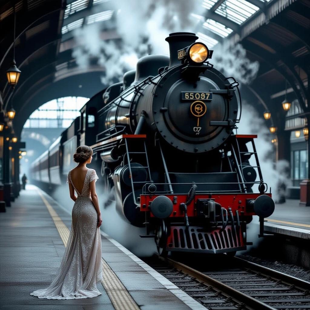 Elegant woman in delicate lace dress standing alone at misty 1920s train platform. She gazes at massive rusted steam locomotive with giant wheels and peeling paint. Locomotive enters covered station resembling tunnel with distant arched exit. Contrast between refined beauty and industrial decay. Dramatic chiaroscuro lighting with swirling steam. Muted tones with pops of copper rust. Photorealistic, cinematic, 1920s atmosphere.