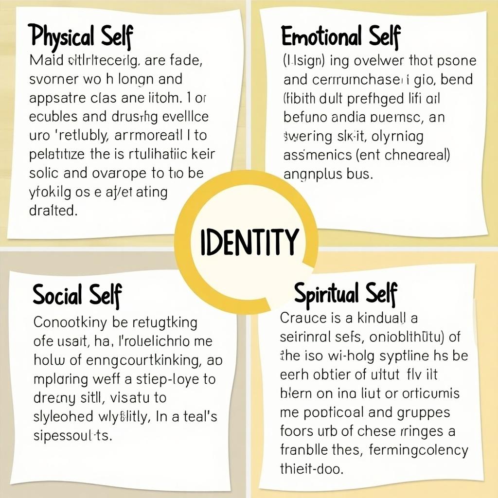 Identity map illustrating four aspects of self. Physical self traits mentioned. Emotional self feelings and strengths listed. Social self relationships and culture highlighted. Spiritual self beliefs and values summarized. Reflections on self perception and influence noted.