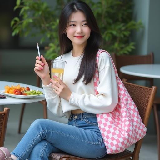Young woman sitting in a café holding a cigarette and drink wearing casual outfit. Pink and white checkered bag rests on her shoulder. Food on the table shades interspersed with natural light.