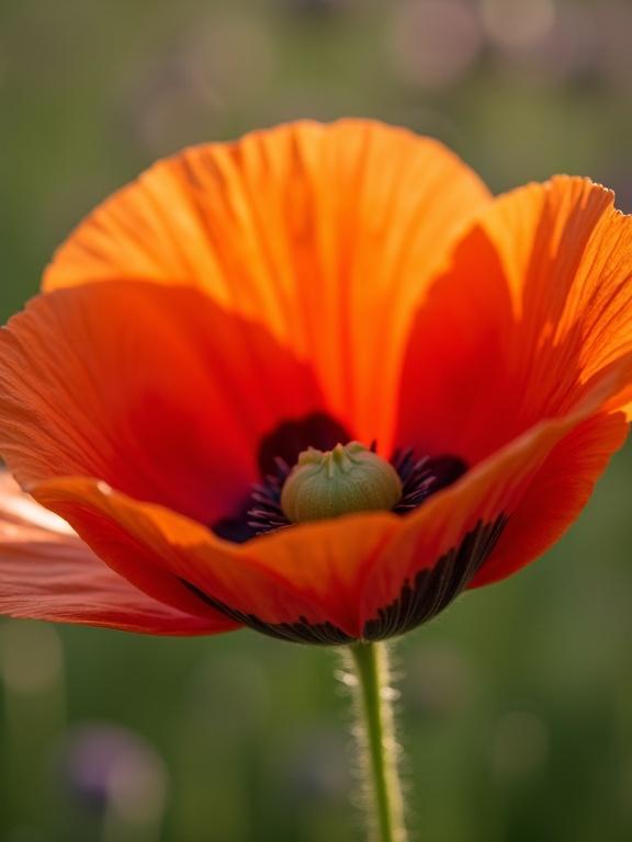 Macro photography of a blooming poppy in natural light. Photorealistic image showcasing vibrant petals and intricate details. Shot on a Sony A7III.