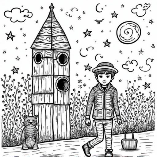 Coloring book page featuring a wooden tower a child with a basket standing beside a raccoon drawn in line art style