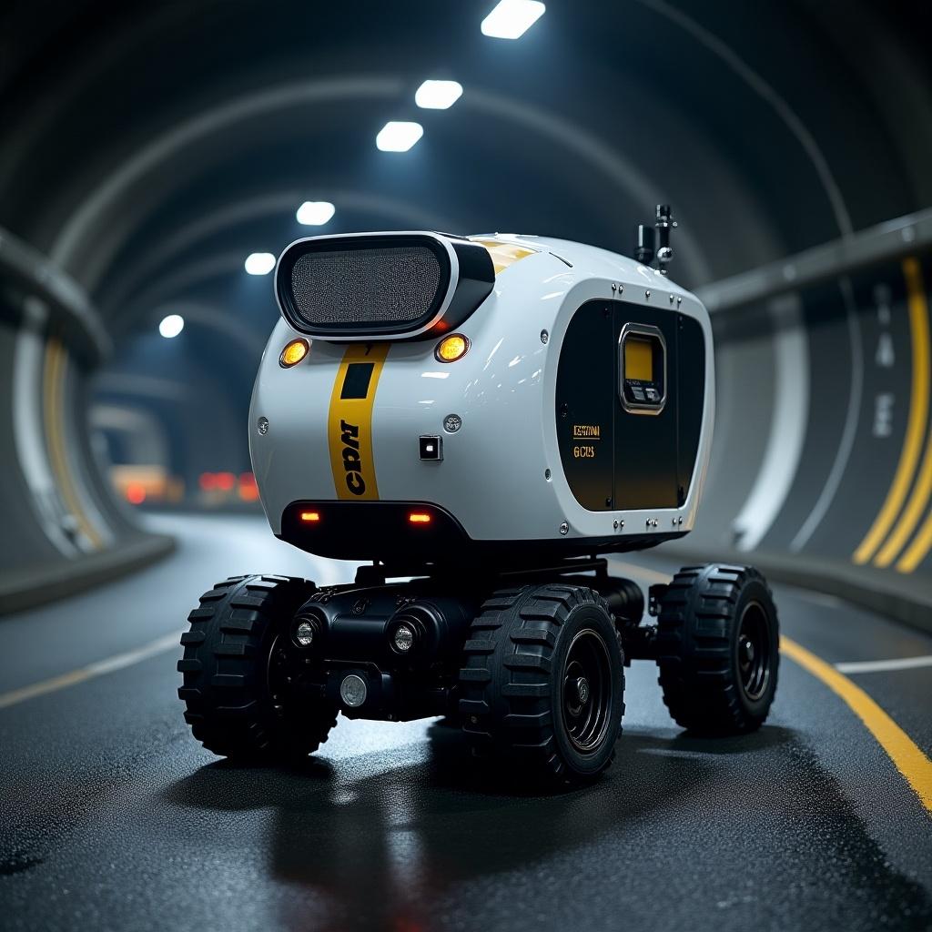 Robot designed for tunnel inspections situated inside a tunnel. It features four rugged wheels and a compact, futuristic design. The background showcases smooth tunnel walls and road markings.