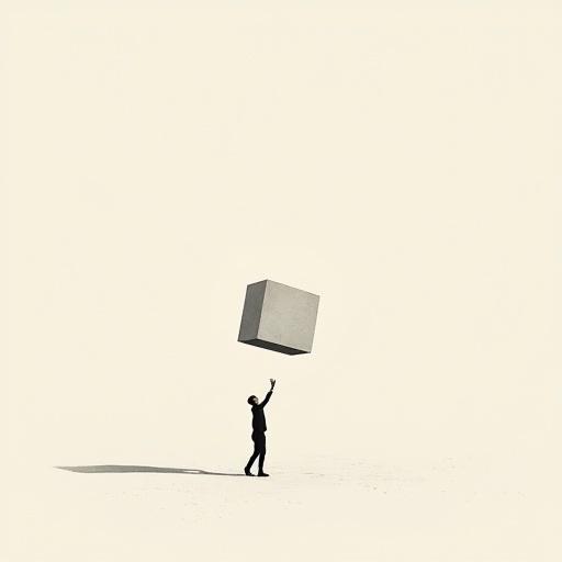 A tiny human reaches for a floating cube. The scene is minimalist with vast negative space. The background is clean with a surreal conceptual illustration style. Objects appear oversized. The composition is elegant with a subtle grain texture. This art has a contemporary aesthetic and a modern poetic tone.
