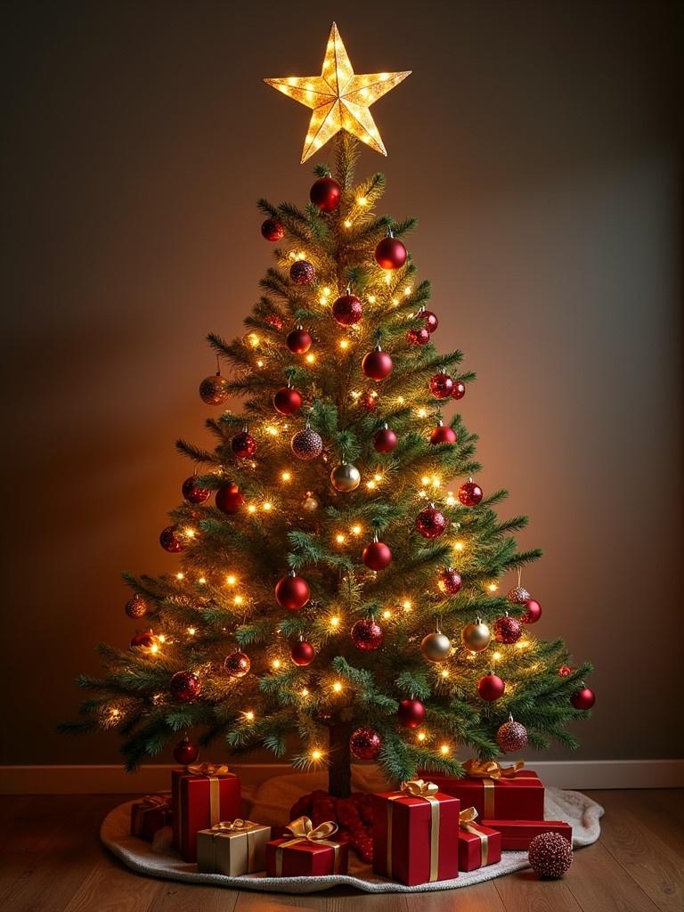 A beautifully decorated Christmas tree fills the center of the image. The tree sparkles with bright lights and various ornaments. Red and gold decorations create a warm atmosphere. Wrapped presents in red and gold sit underneath. Cozy background enhances the festive mood.