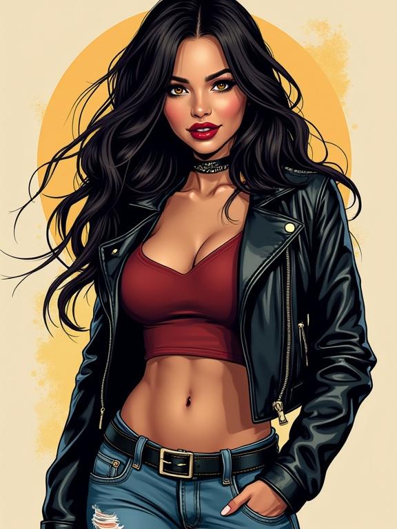 Full body portrait of a fashionable female teenager. She has warm brown eyes, wavy dark hair, olive skin, and a curvy body. Wearing a leather jacket and ripped jeans. Accessories include a choker and dark red lipstick. The style reflects comic book illustration with soft lighting and smooth lines.