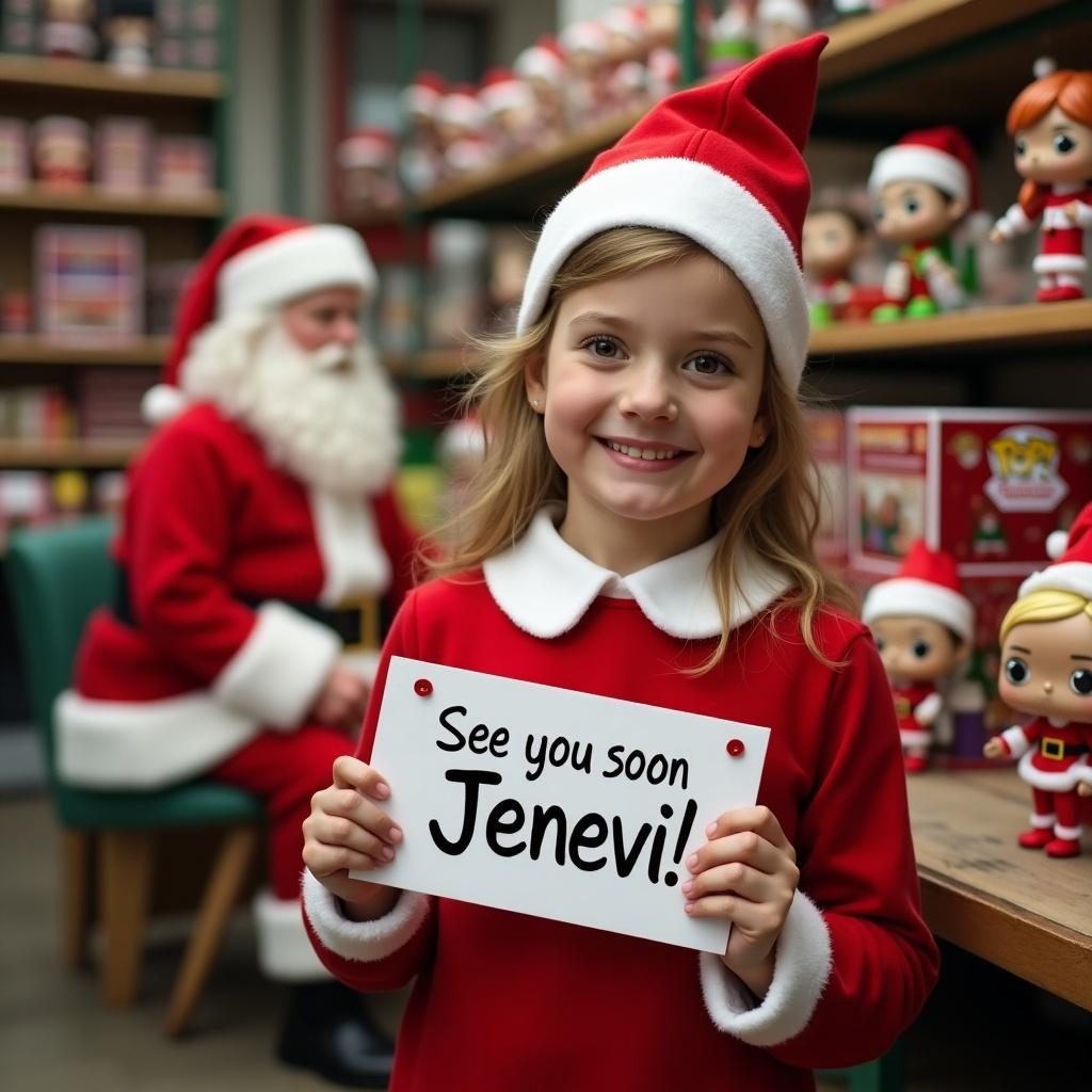 Girl elf in red outfit holds a sign in a toy workshop. Santa is in the background. Funko Pops are being made. Sign says 'See you soon Jenevi!'.